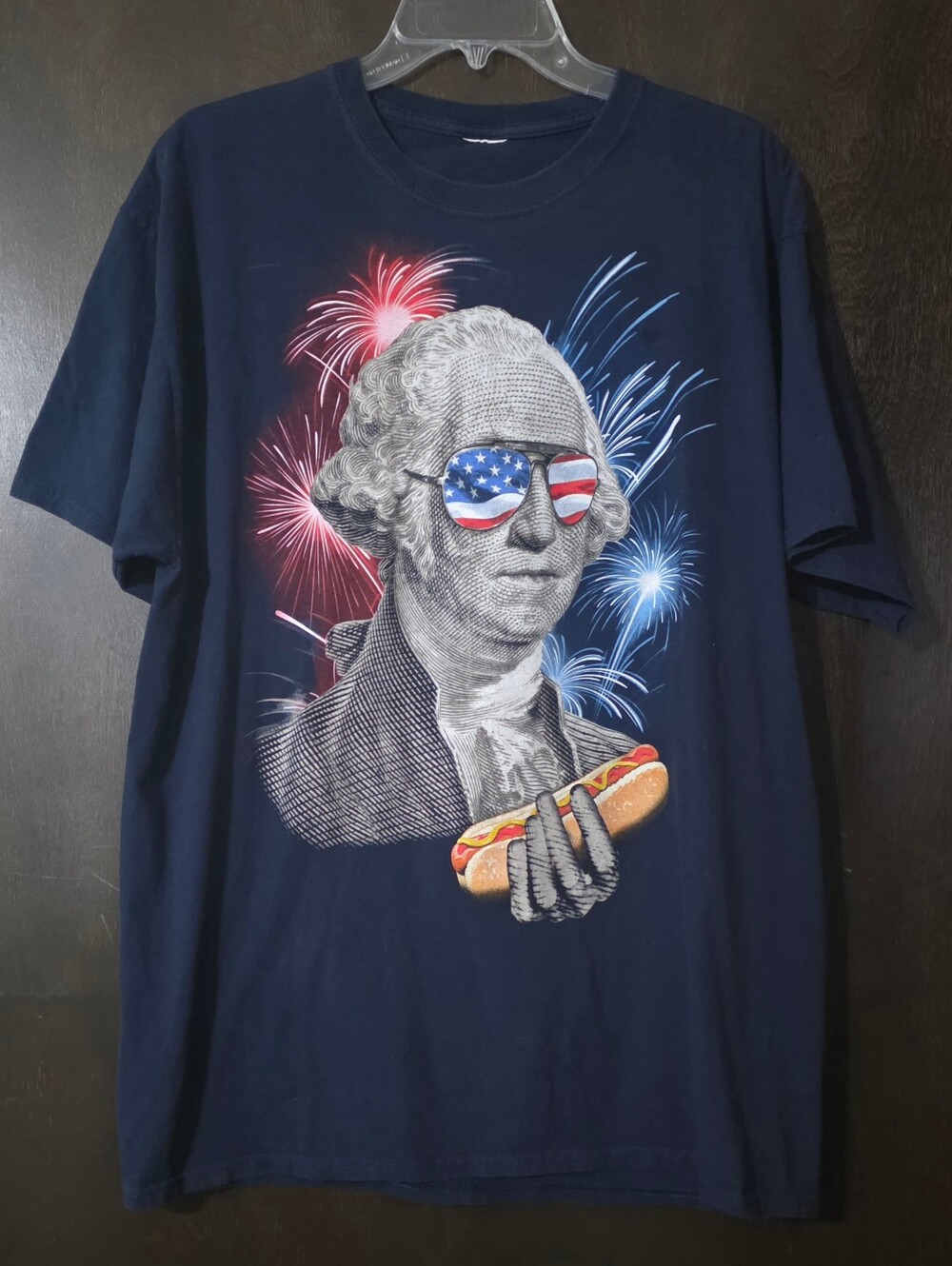 Y2K Independence Day T-shirt Navy Graphic Patriotic George Washington Size L